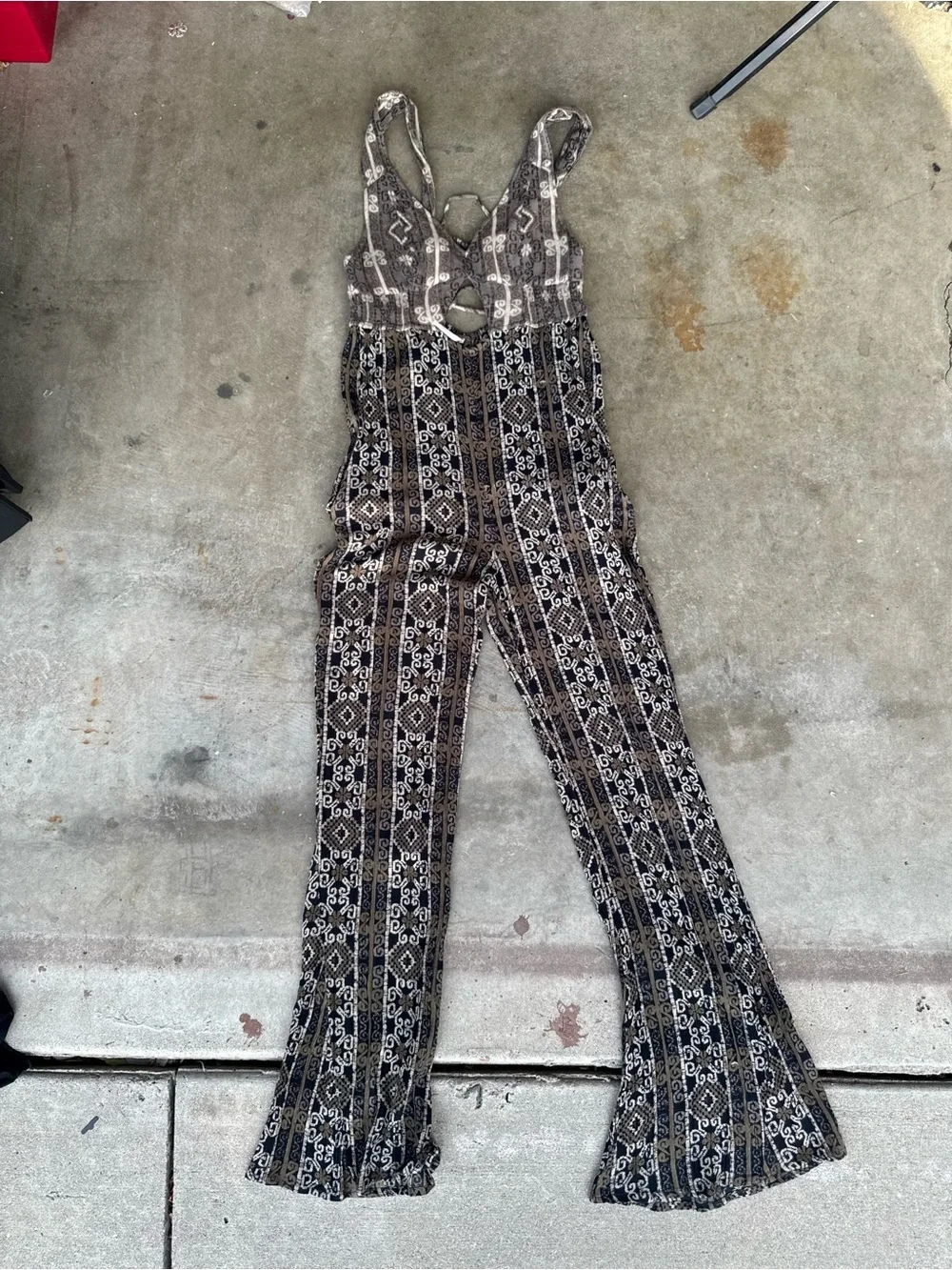 Free People Brown and Cream Printed Sleeveless Jumpsuit